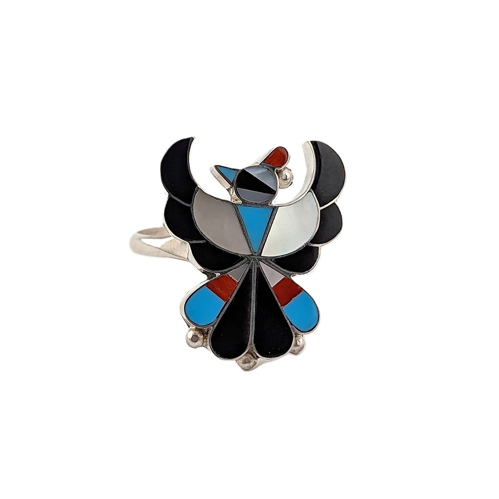 Handmade Zuni Ring Size 7.75US - Thunderbird Women's Southwest Jewelry Signed * - Picture 2 of 7